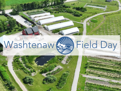 Washtenaw Field Day logo imposed on aerial photo of farm