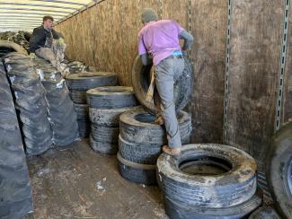 Volunteers stack tires in a trailer for disposal