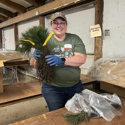 Karen Mills with bundle of seedling at Tree Sale
